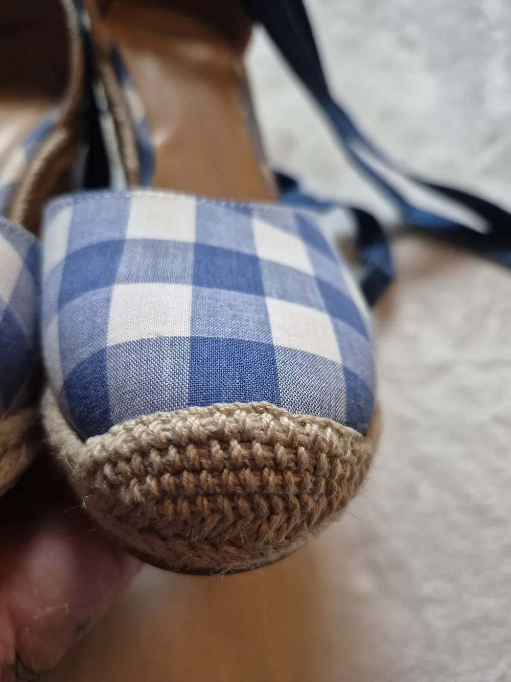 JustFab Blue and White Gingham Espadrille Wedge Sandals with Ankle Wraps